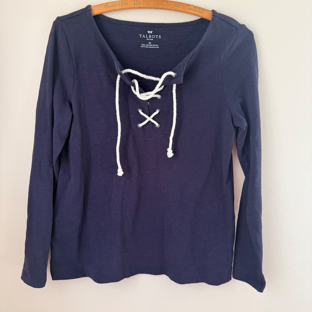 Talbots Petites Navy Blue Lace Up Neck Long Sleeve Cotton Coastal Nautical